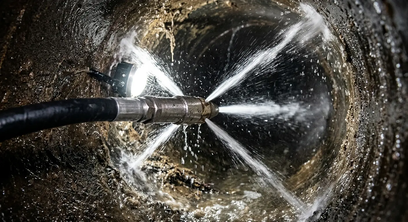 High-pressure hydro jetting nozzle cleaning sewer pipe for Trenchless Sewer Repair in Port Orchard