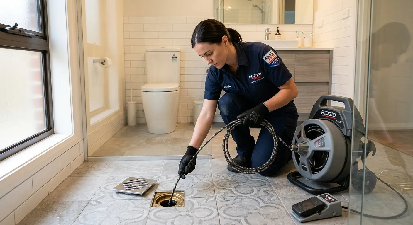 Technician clearing a bathroom floor drain for Clogged Drain Repair in Port Orchard